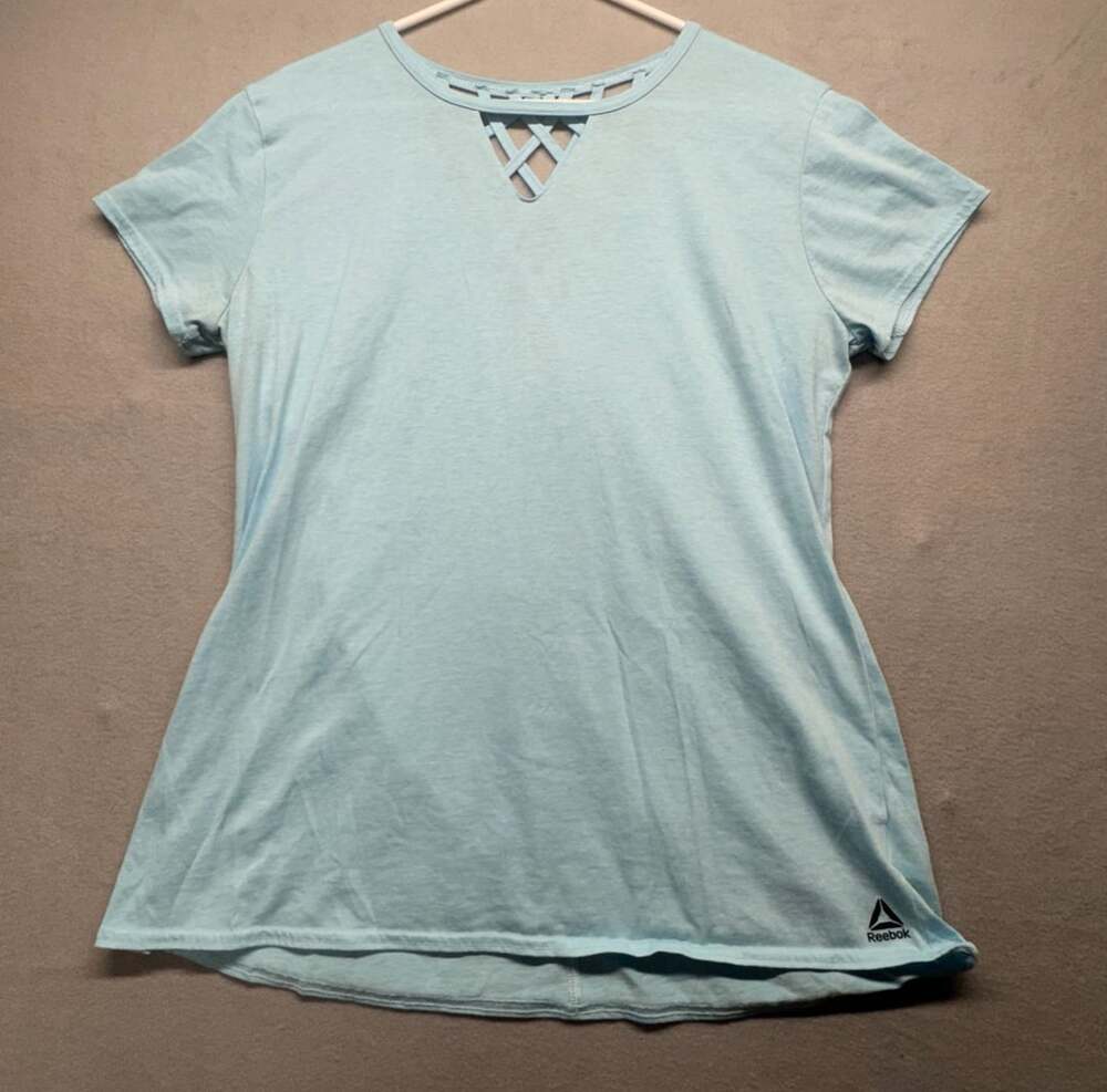 Reebok Short Sleeve Criss Cross V-Neck Athletic T-Shirt Blue